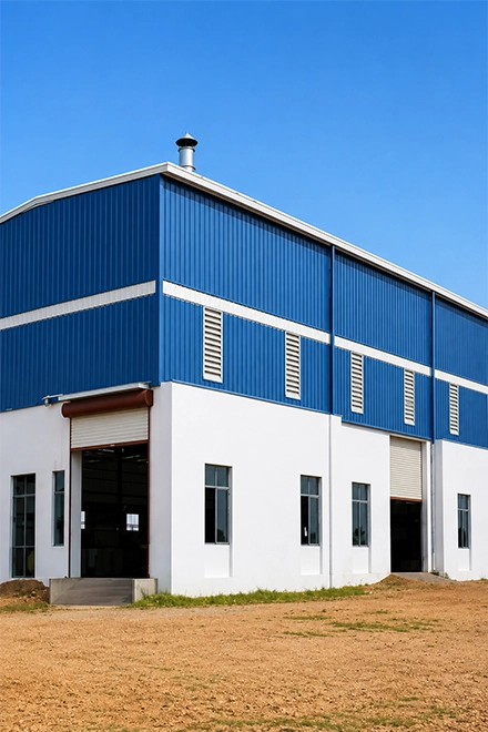 Factory manufacturing plant construction with structural planning and expert project management in Coimbatore.
